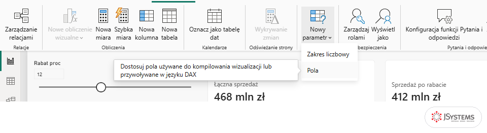 Menu Nowy parametr w Power BI z zaznaczoną pozycją Pola i podpowiedzią o kompilowaniu wizualizacji