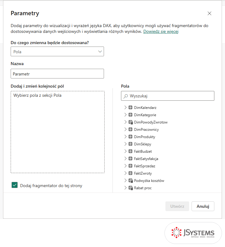 Okno Parametry w wariancie Pola w Power BI: pusta lista Dodaj i zmień kolejność pól, po prawej lista tabel