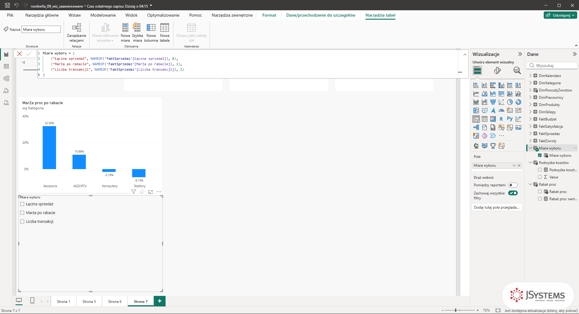 Definicja tabeli Miara wyboru z NAMEOF w pasku formuły Power BI i fragmentator z trzema miarami na stronie