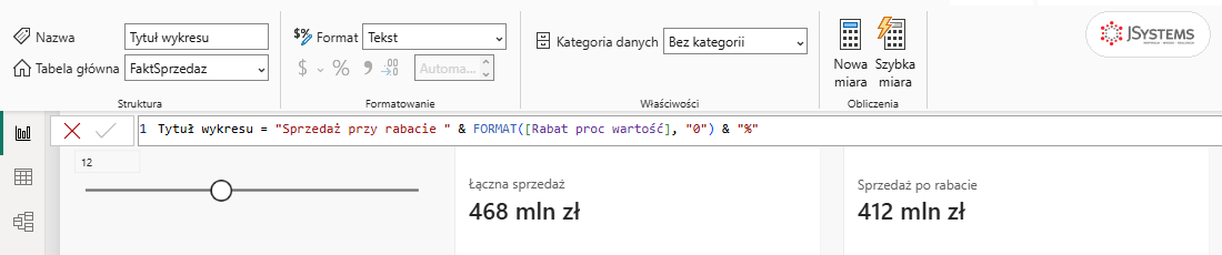 Miara Tytuł wykresu z FORMAT i operatorem sklejania w pasku formuły Power BI, w polu Format wartość Tekst