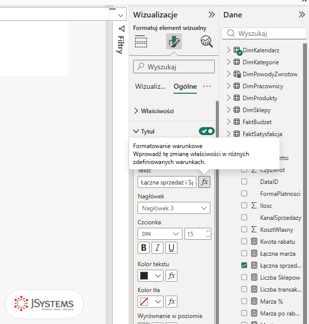 Sekcja Tytuł na karcie Ogólne panelu formatowania Power BI, podpowiedź Formatowanie warunkowe przy ikonie fx pola Tekst