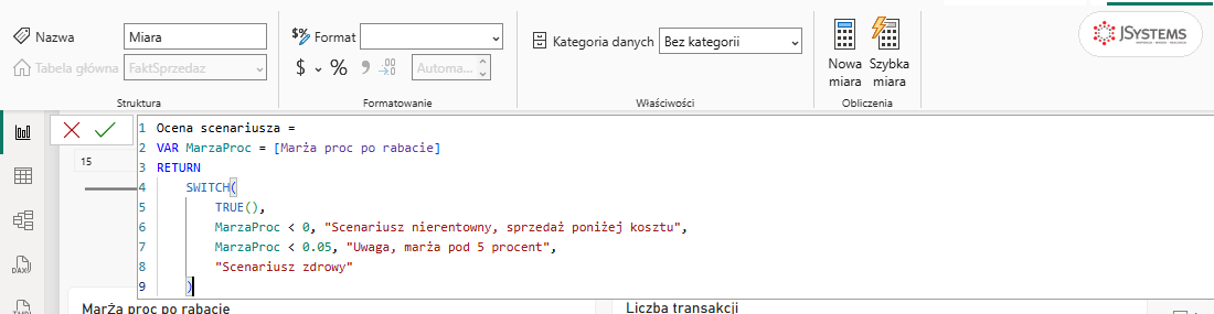 Miara Ocena scenariusza z SWITCH(TRUE()) i trzema komunikatami w pasku formuły Power BI