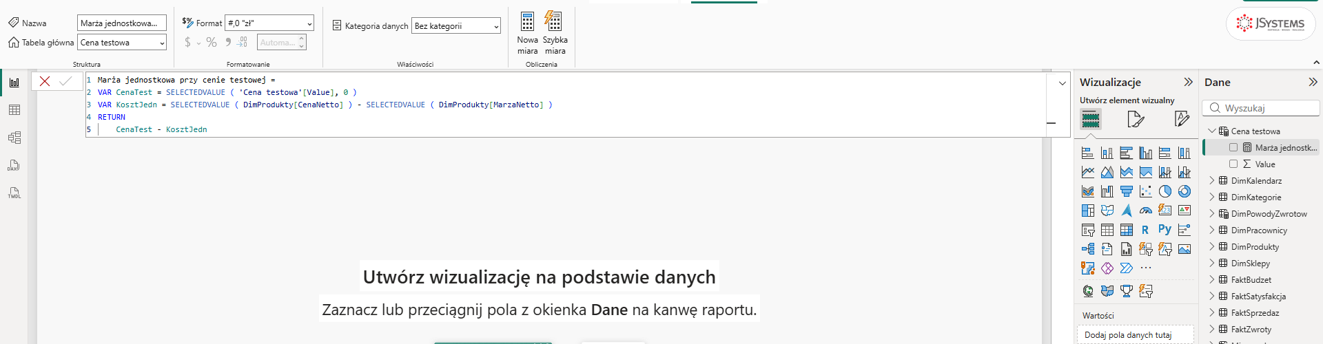 Miara Marża jednostkowa przy cenie testowej w pasku formuły Power BI, w tabeli Cena testowa obok kolumny Value