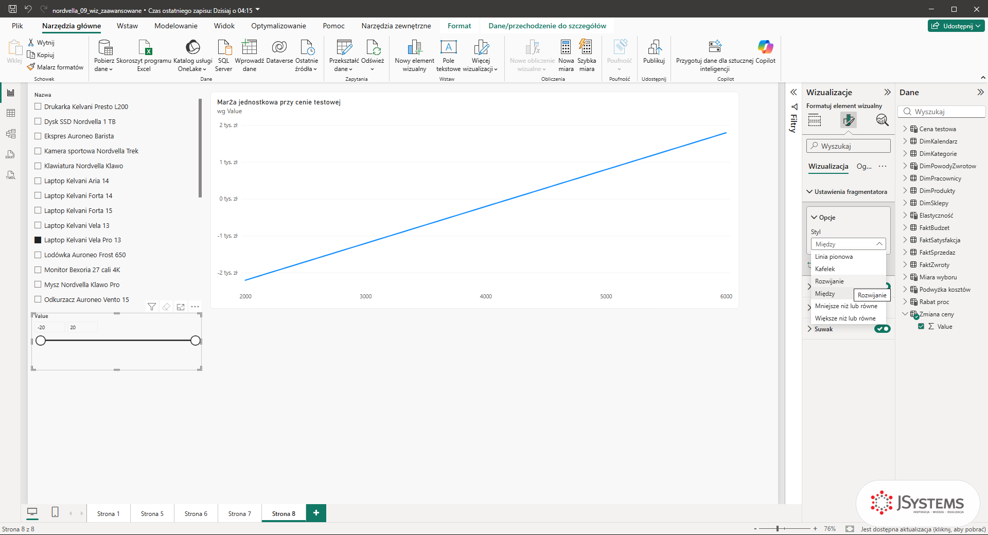 Lista Styl w Ustawieniach fragmentatora Power BI z opcjami Linia pionowa, Kafelek, Rozwijanie, Między