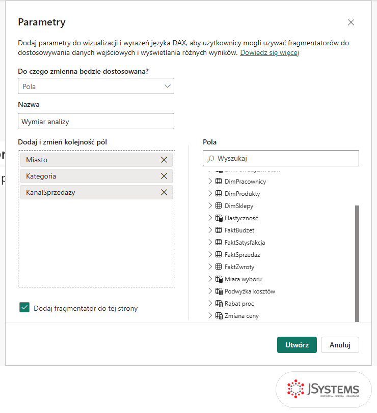 Okno parametru pól w Power BI z nazwą Wymiar analizy i kolumnami Miasto, Kategoria, KanalSprzedazy