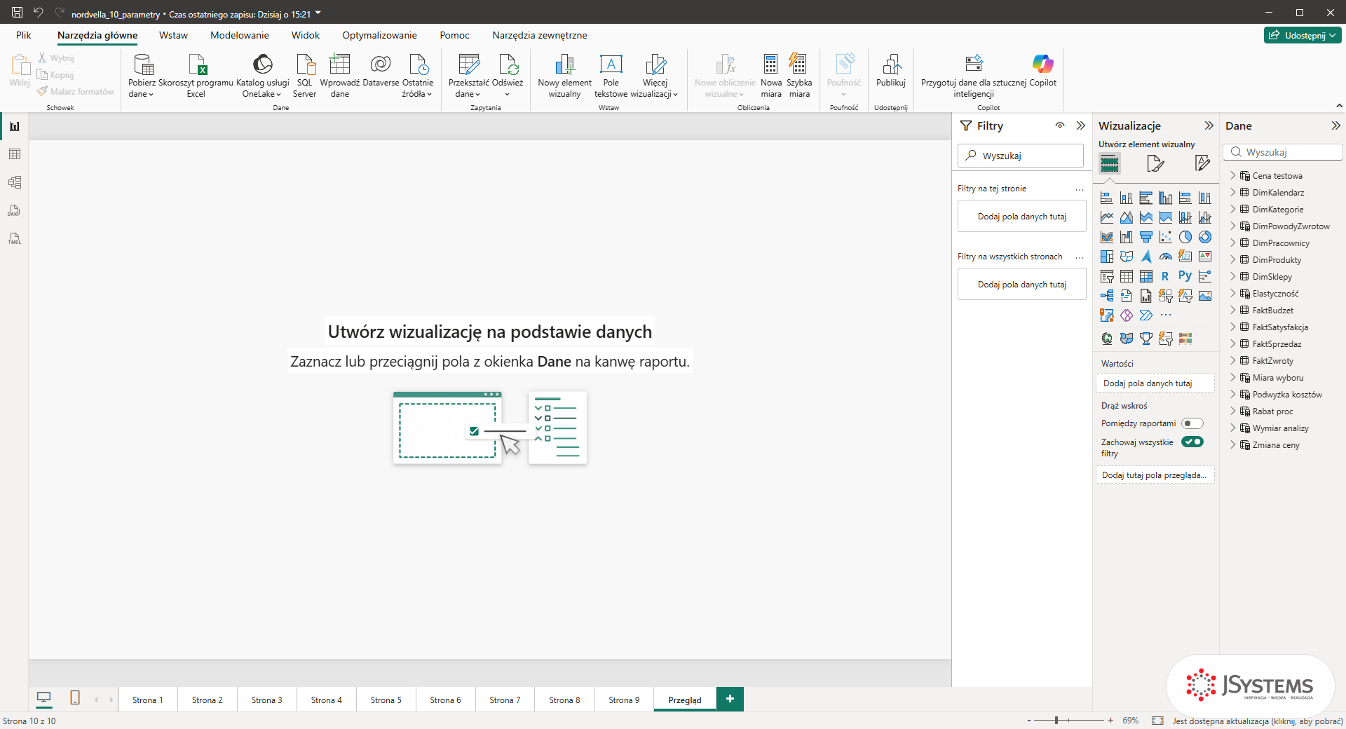 Nowa pusta strona Przegląd w Power BI Desktop dodana przyciskiem plus za stronami 1-9 z poprzednich lekcji kursu