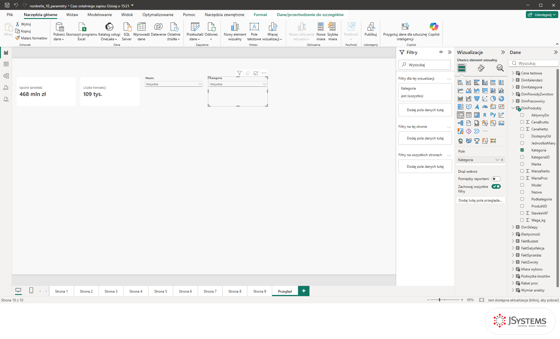 Dwa fragmentatory w stylu Rozwijanie w Power BI: Miasto i Kategoria ustawione na Wszystkie