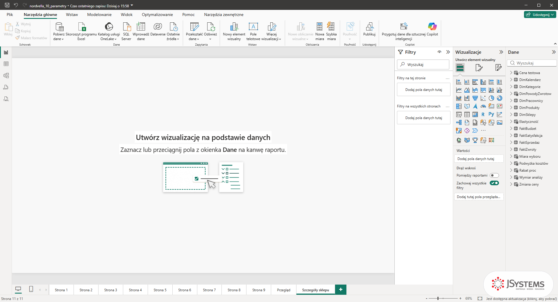 Pusta strona Szczegóły sklepu w Power BI z sekcją Drąż wskroś w panelu Wizualizacje
