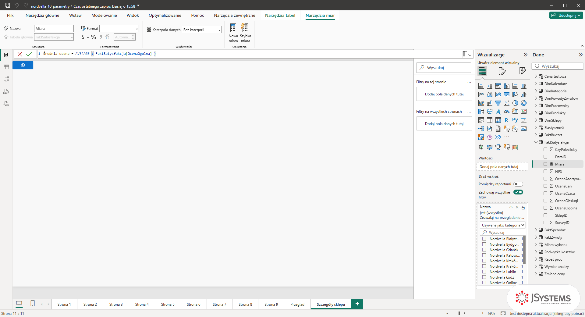 Pasek formuły Power BI z miarą Średnia ocena liczącą AVERAGE z kolumny OcenaOgolna