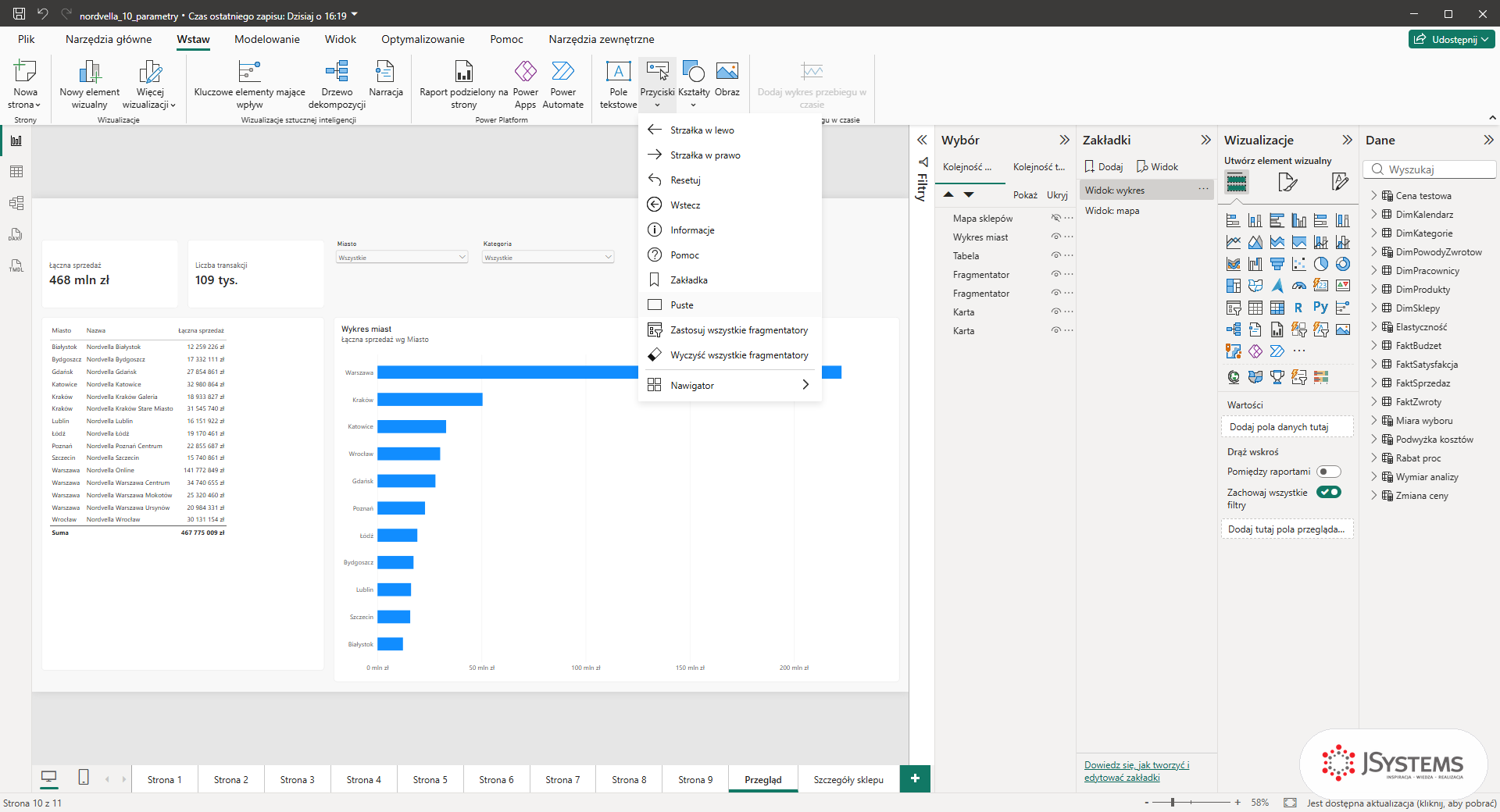 Rozwinięte menu Przyciski na karcie Wstaw w Power BI z listą typów, w tym Zakładka, Puste i Nawigator