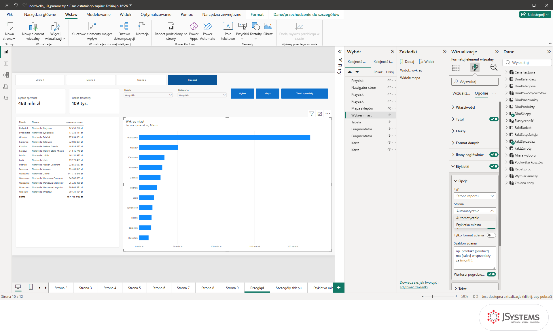 Sekcja Etykietki w panelu formatowania Power BI z typem Strona raportu i listą stron z pozycją Etykietka miasto