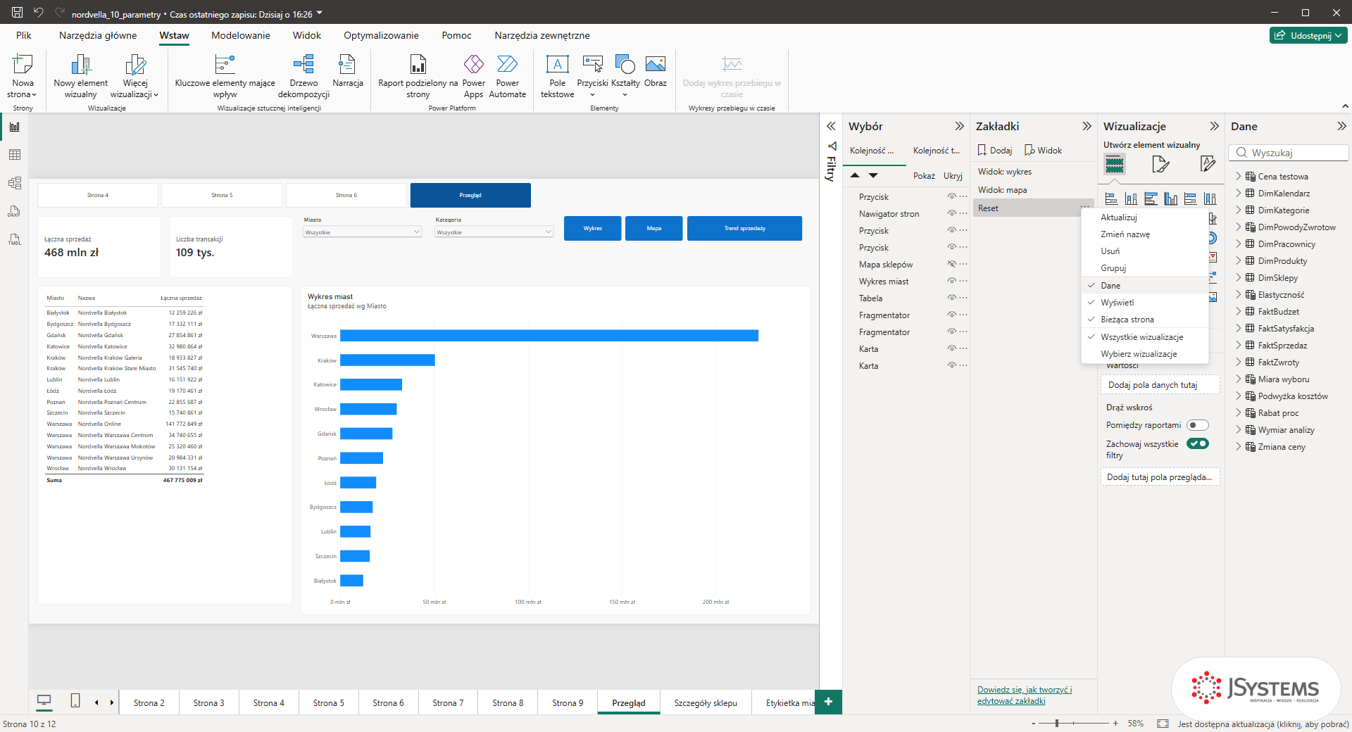 Zakładka Reset w Power BI z rozwiniętym menu trzech kropek, w którym zaznaczone są opcje Dane, Wyświetl i Bieżąca strona