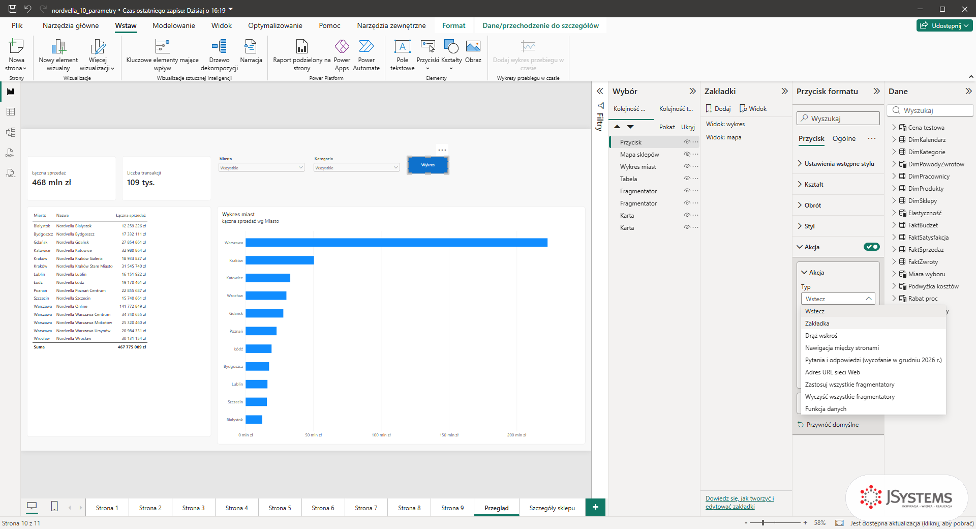 Lista typów akcji przycisku w Power BI: Wstecz, Zakładka, Drąż wskroś, Nawigacja między stronami, Wyczyść wszystkie fragmentatory