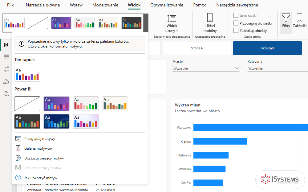 Rozwinięta galeria motywów Power BI: sekcje Ten raport i Power BI oraz polecenia Przeglądaj motywy i Dostosuj bieżący motyw