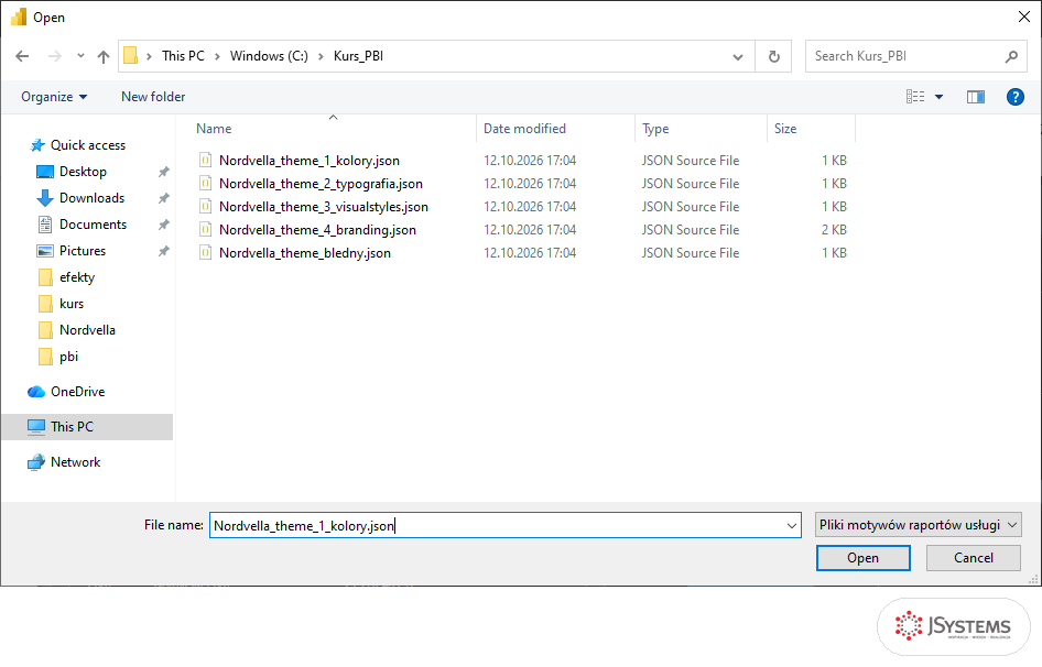 Okno wyboru pliku motywu w Power BI: folder C:\Kurs_PBI z plikami motywów Nordvella w formacie JSON