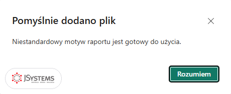 Komunikat Power BI Pomyślnie dodano plik: niestandardowy motyw raportu jest gotowy do użycia