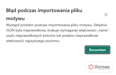 Okno Błąd podczas importowania pliku motywu w Power BI po wczytaniu pliku JSON z brakującym przecinkiem