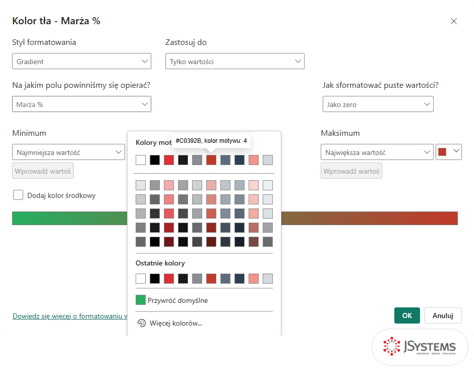 Paleta kolorów w oknie formatowania warunkowego Power BI z podpowiedzią #C0392B, kolor motywu: 4