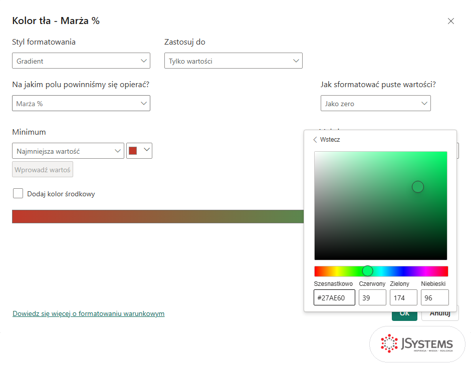 Próbnik kolorów Power BI z wpisanym kodem szesnastkowym #27AE60 dla maksimum skali marży
