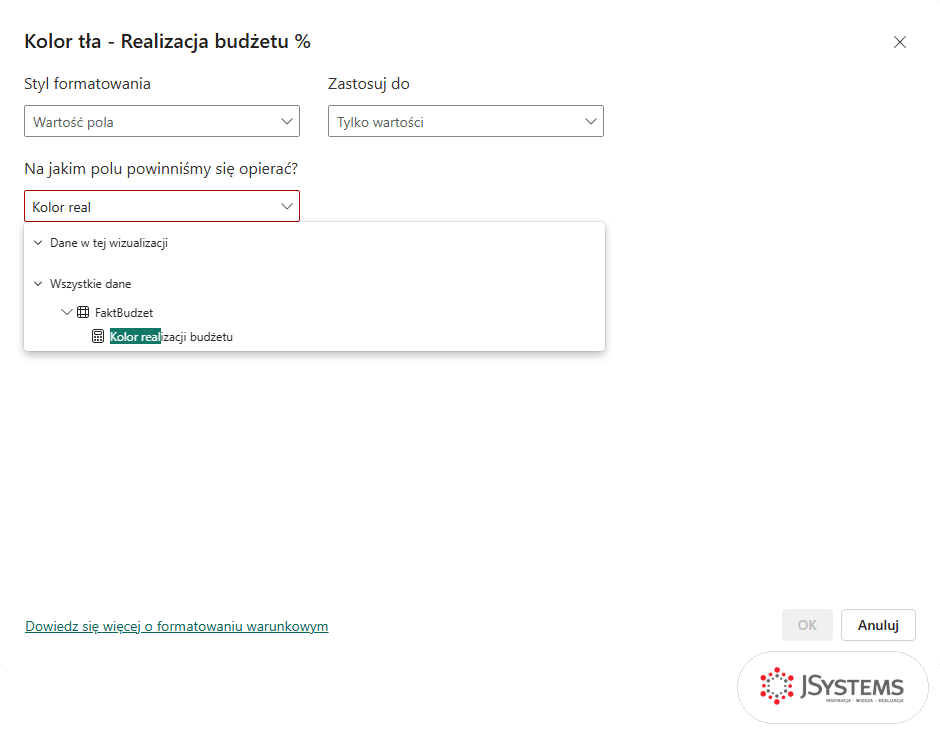 Okno Kolor tła w Power BI ze stylem Wartość pola i listą pól przefiltrowaną do miary Kolor realizacji budżetu