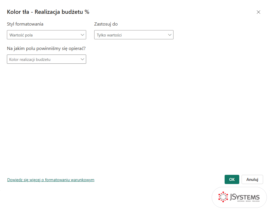 Okno Kolor tła - Realizacja budżetu % w Power BI ze stylem Wartość pola opartym na mierze Kolor realizacji budżetu