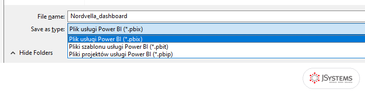Rozwinięta lista typów pliku w oknie zapisu Power BI: Plik usługi Power BI pbix, Pliki szablonu usługi Power BI pbit i Pliki projektów pbip
