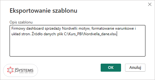 Okno Eksportowanie szablonu w Power BI z wpisanym opisem szablonu dashboardu Nordvelli i ścieżką do pliku danych