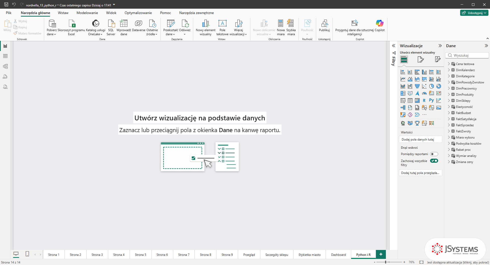 Nowa pusta strona Python i R w Power BI Desktop na końcu paska stron raportu Nordvelli