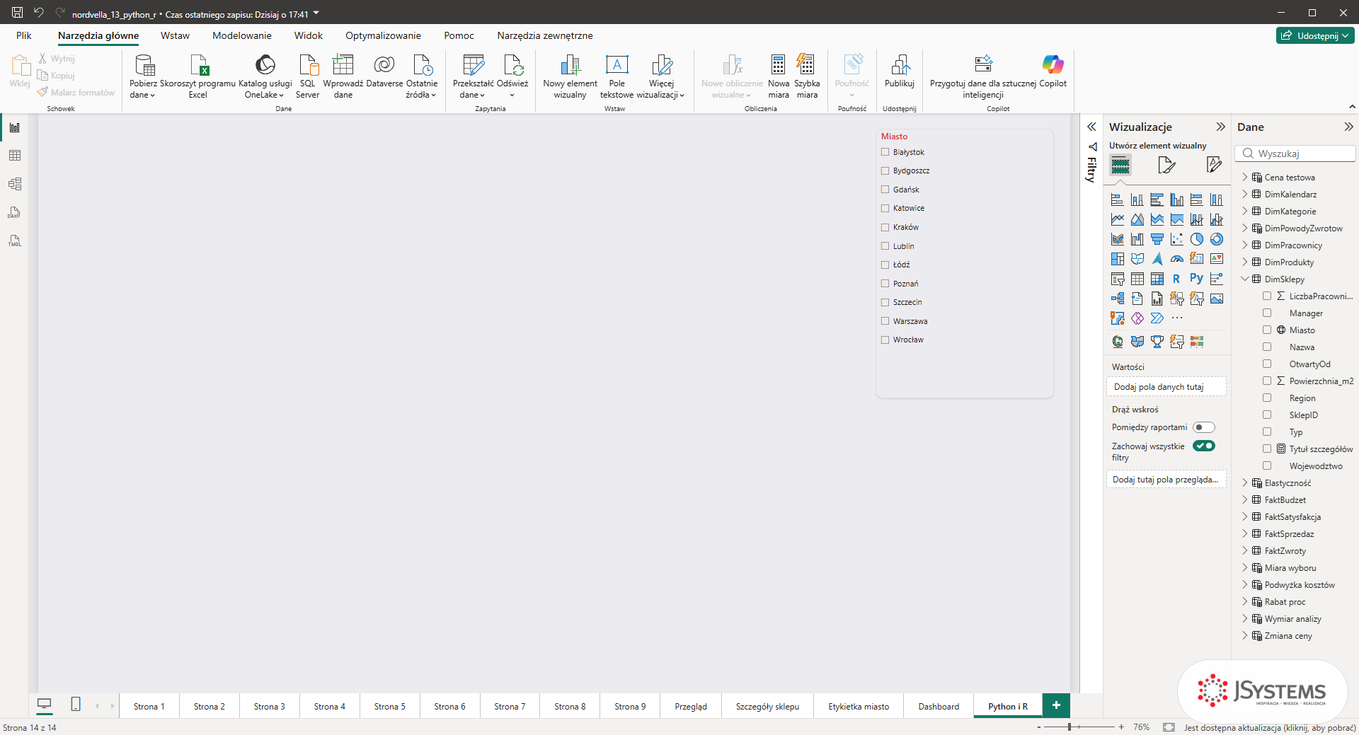 Fragmentator Miasto z listą jedenastu miast Nordvelli przy prawej krawędzi strony Python i R w Power BI
