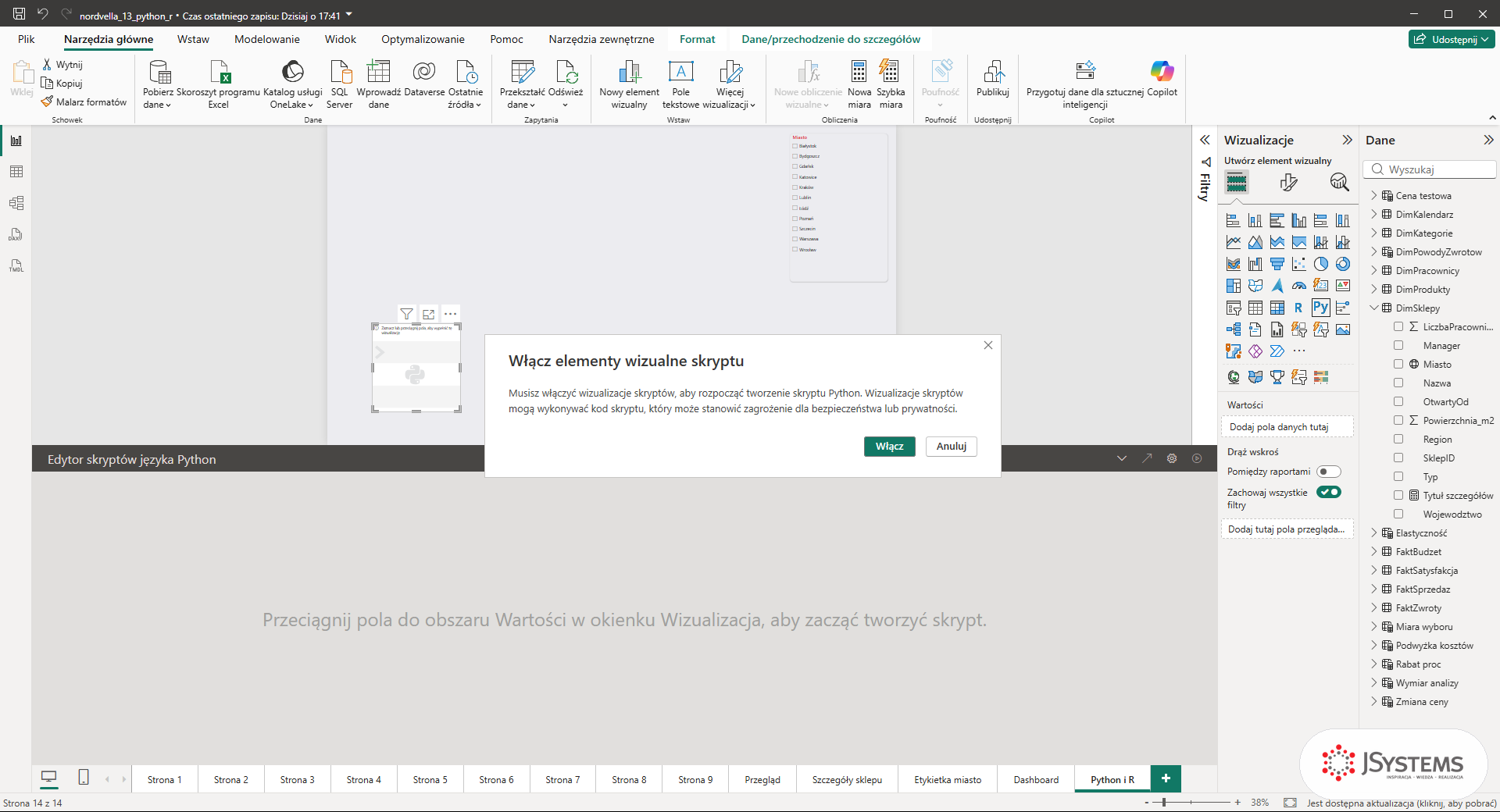 Okno Włącz elementy wizualne skryptu w Power BI Desktop po kliknięciu ikony Py w panelu Wizualizacje