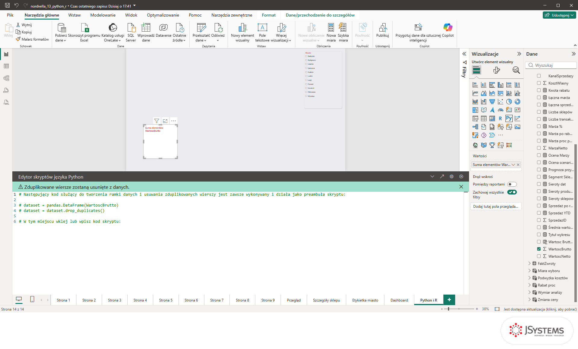 Edytor skryptów języka Python w Power BI z preambułą wygenerowaną po dodaniu pola WartoscBrutto do sekcji Wartości