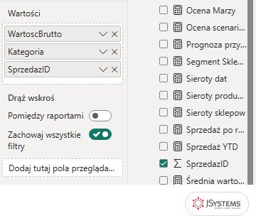 Obszar Wartości elementu Python w Power BI z polami WartoscBrutto, Kategoria i SprzedazID bez agregacji