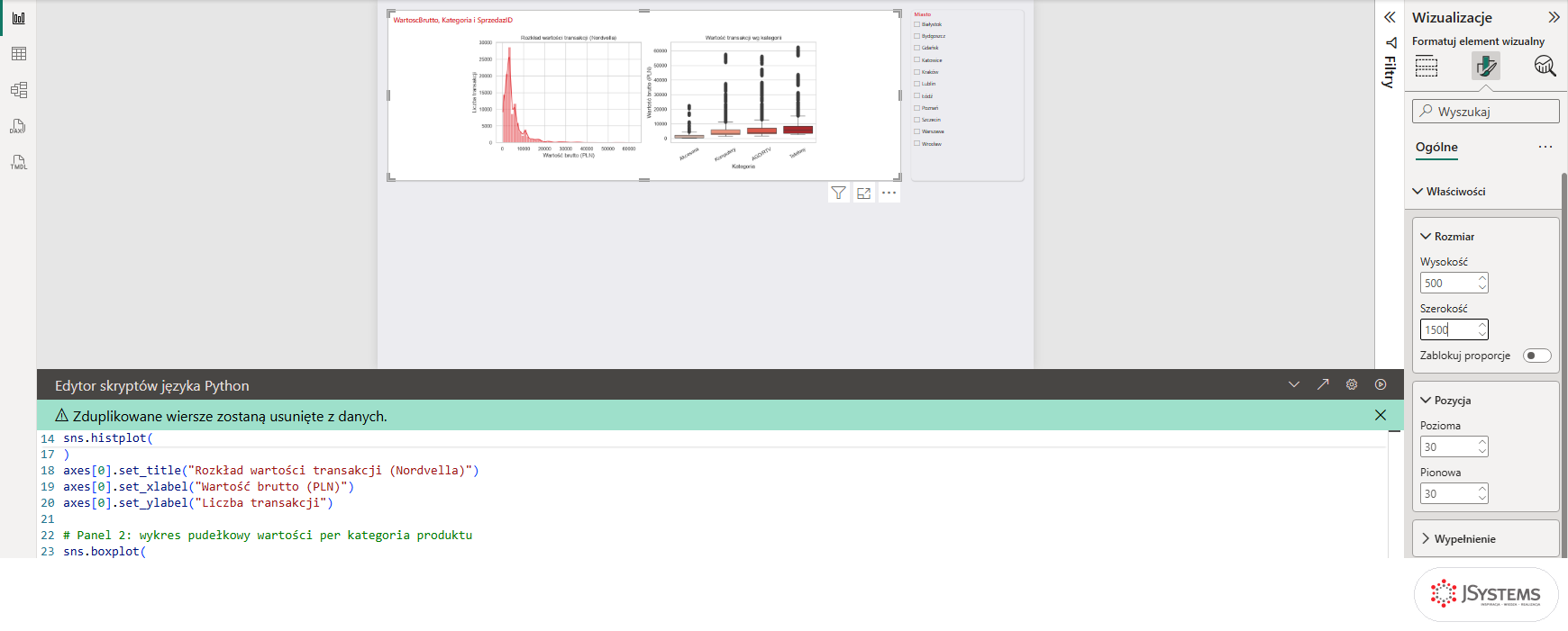 Panel Formatuj element wizualny w Power BI z rozmiarem 500 na 1500 i pozycją 30, 30 dla wizualizacji Python