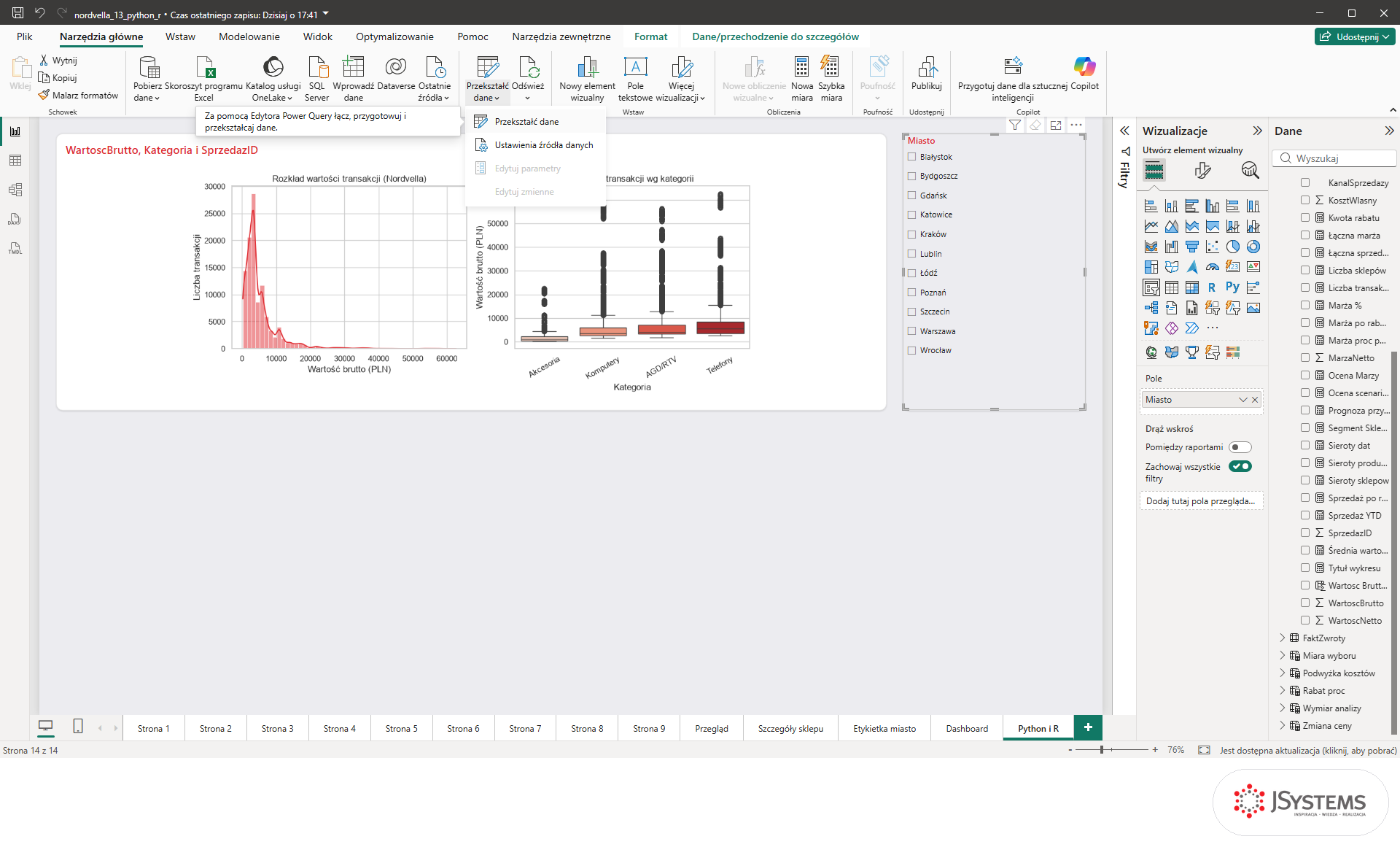Rozwinięte menu przycisku Przekształć dane na karcie Narzędzia główne w Power BI Desktop