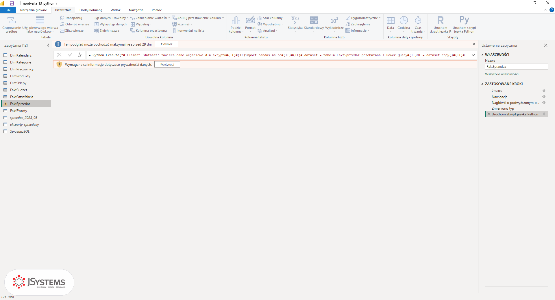 Pasek Wymagane są informacje dotyczące prywatności danych w Edytorze Power Query po dodaniu kroku Uruchom skrypt języka Python