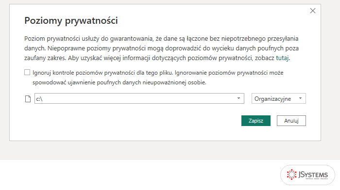 Okno Poziomy prywatności w Power Query ze źródłem c:\ ustawionym na Organizacyjne przed uruchomieniem skryptu Python