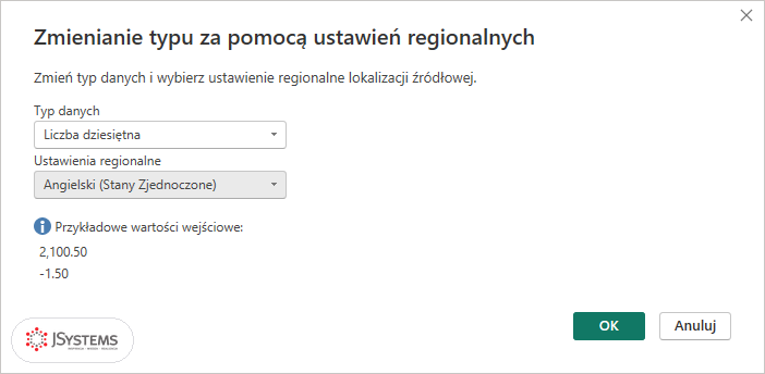 Okno Zmienianie typu za pomocą ustawień regionalnych w Power Query: Liczba dziesiętna i Angielski (Stany Zjednoczone)