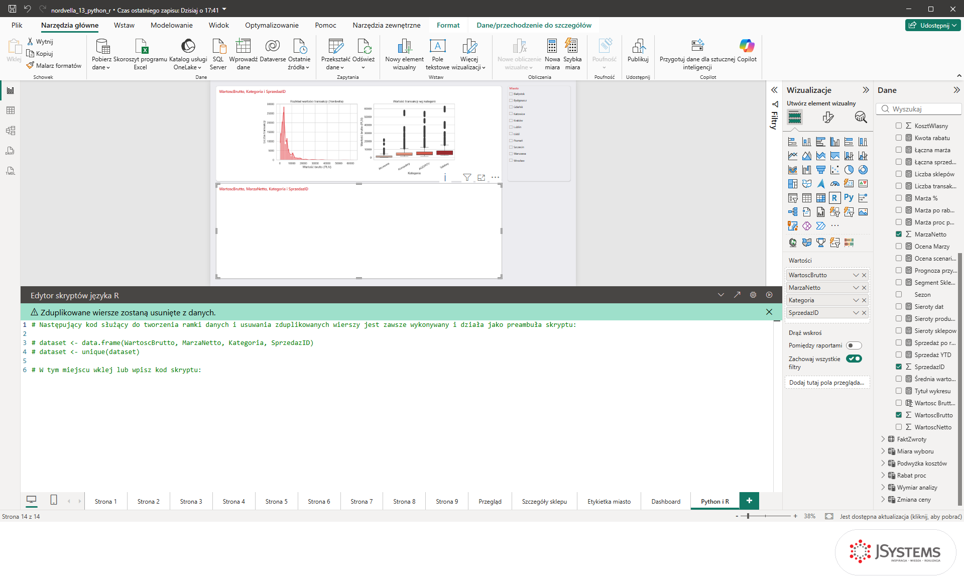 Edytor skryptów języka R w Power BI z preambułą data.frame i unique oraz czterema polami bez agregacji w obszarze Wartości