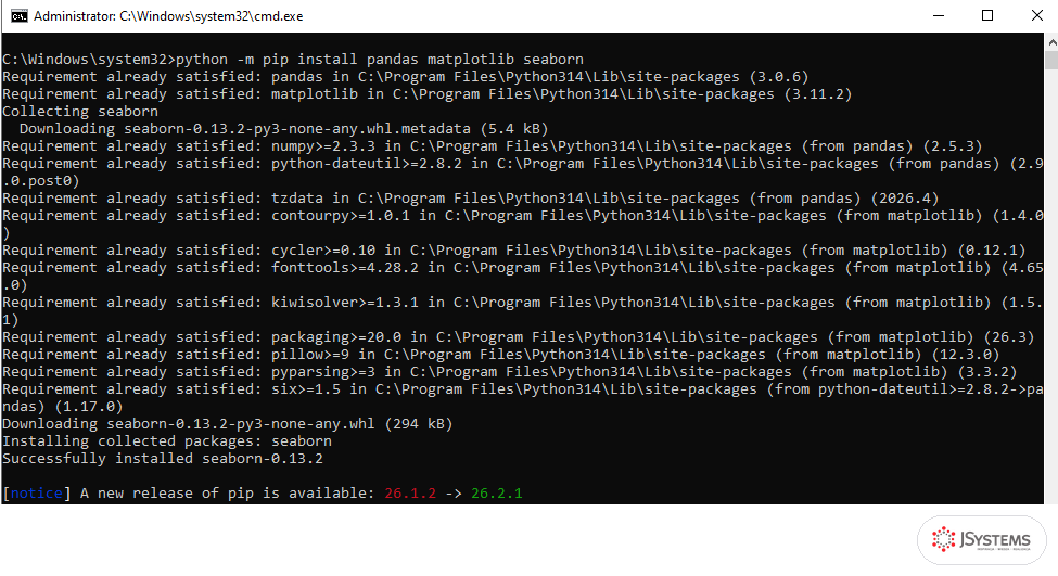 Wiersz polecenia Windows z instalacją bibliotek pandas, matplotlib i seaborn przez pip dla Power BI