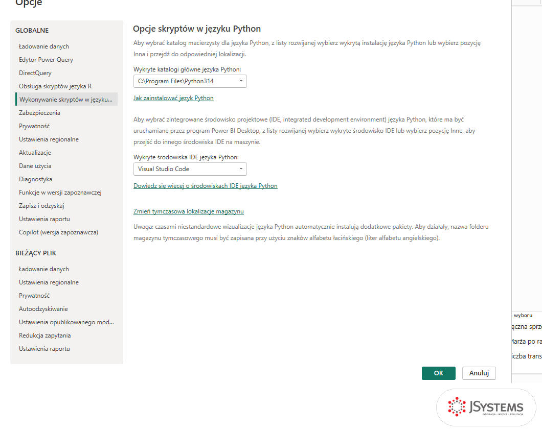 Okno Opcje w Power BI Desktop z sekcją Opcje skryptów w języku Python i wykrytym katalogiem C:\Program Files\Python314