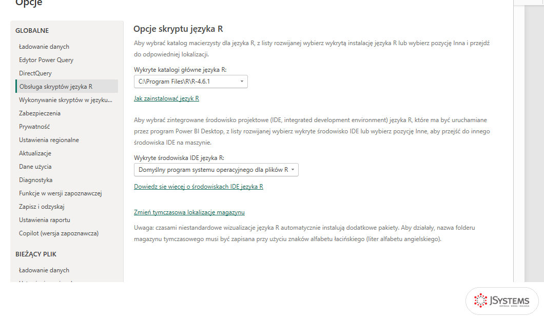 Okno Opcje w Power BI z sekcją Opcje skryptu języka R i wykrytym katalogiem C:\Program Files\R\R-4.6.1