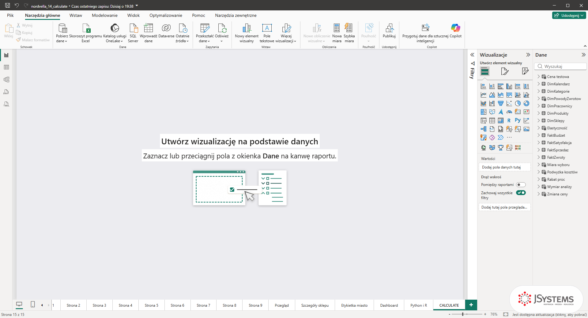 Pusta strona CALCULATE w Power BI Desktop, nowa zakładka na końcu paska stron raportu Nordvelli