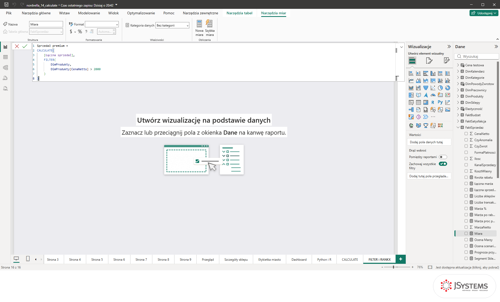 Strona FILTER i RANKX w Power BI z formułą miary Sprzedaż premium opartą na FILTER