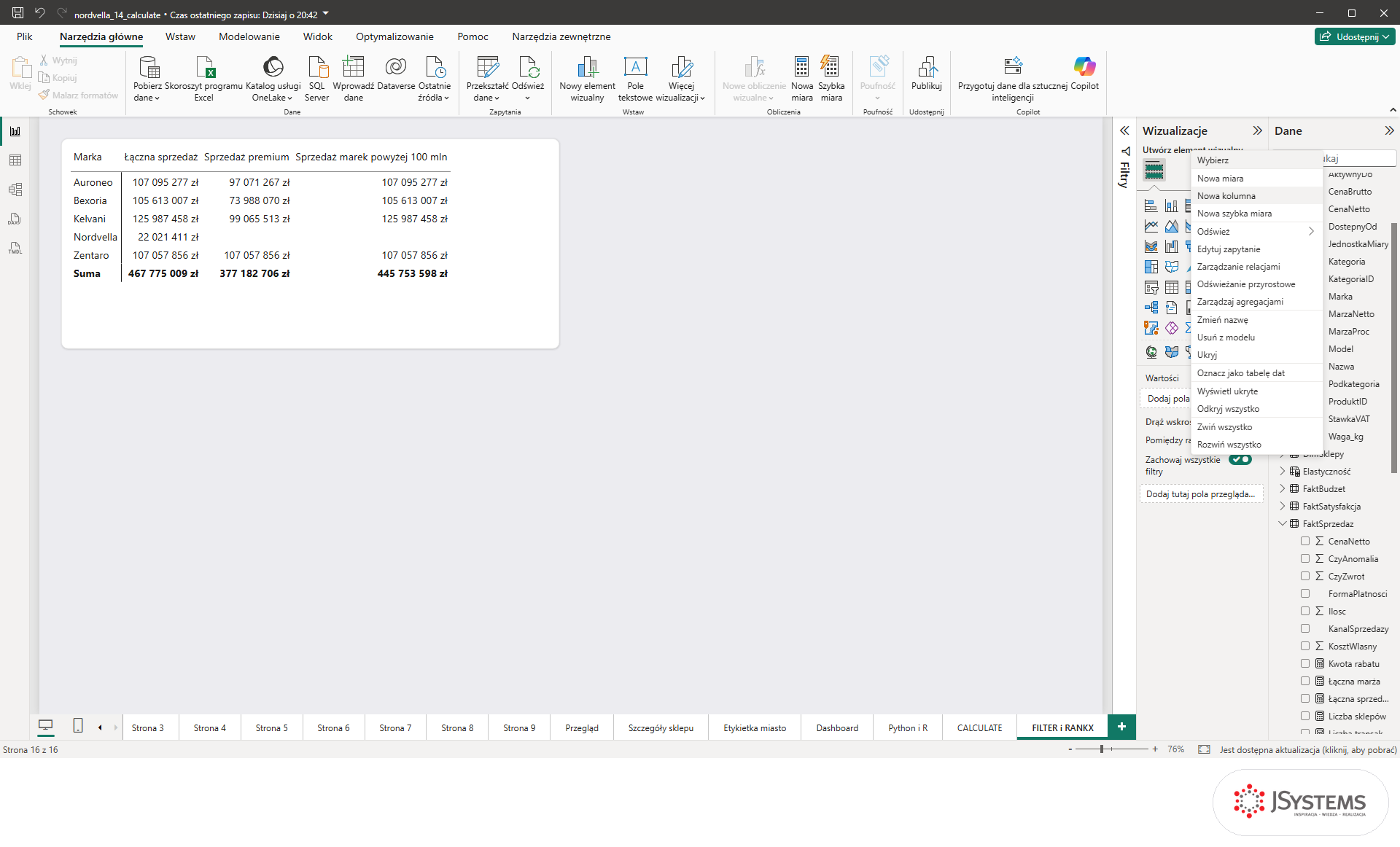 Menu kontekstowe tabeli w panelu Dane Power BI z pozycją Nowa kolumna