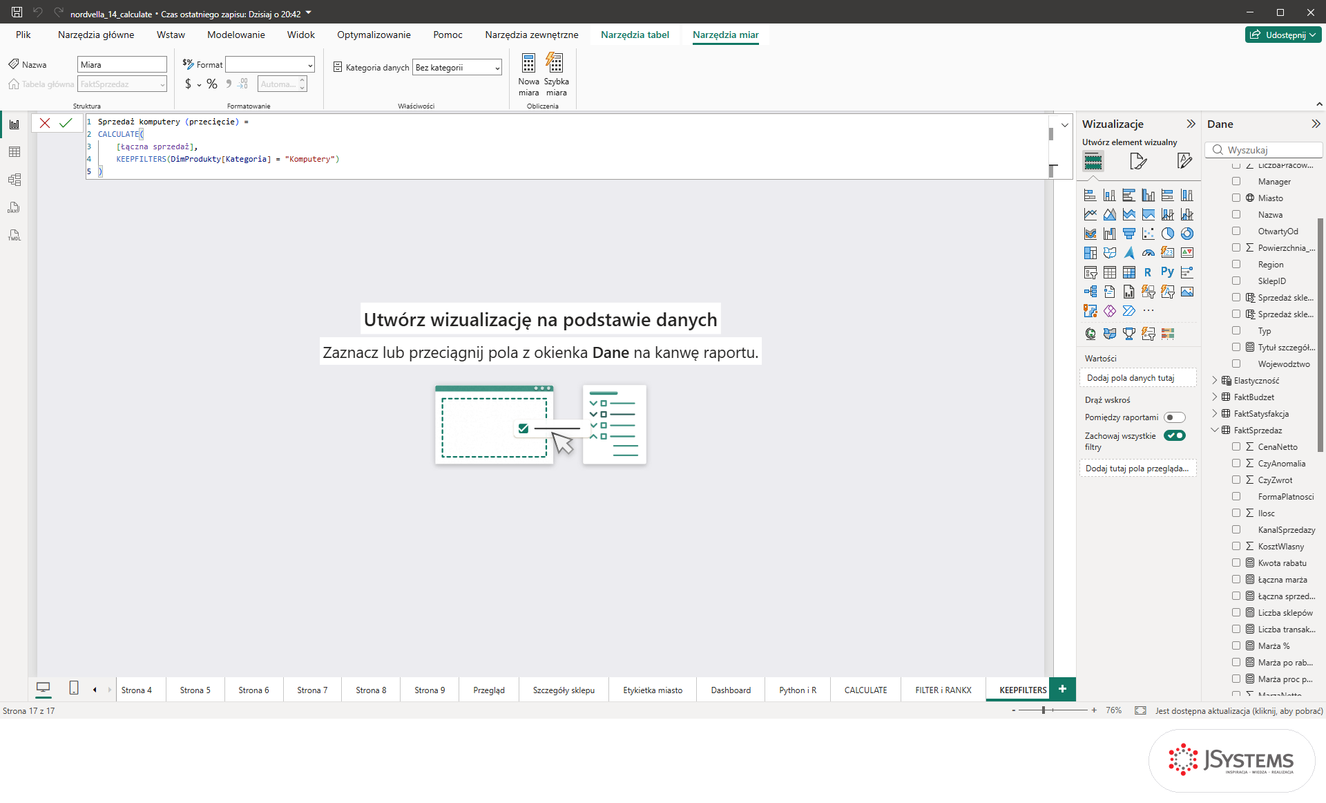 Formuła miary Sprzedaż komputery (przecięcie) z KEEPFILTERS w pasku formuł Power BI
