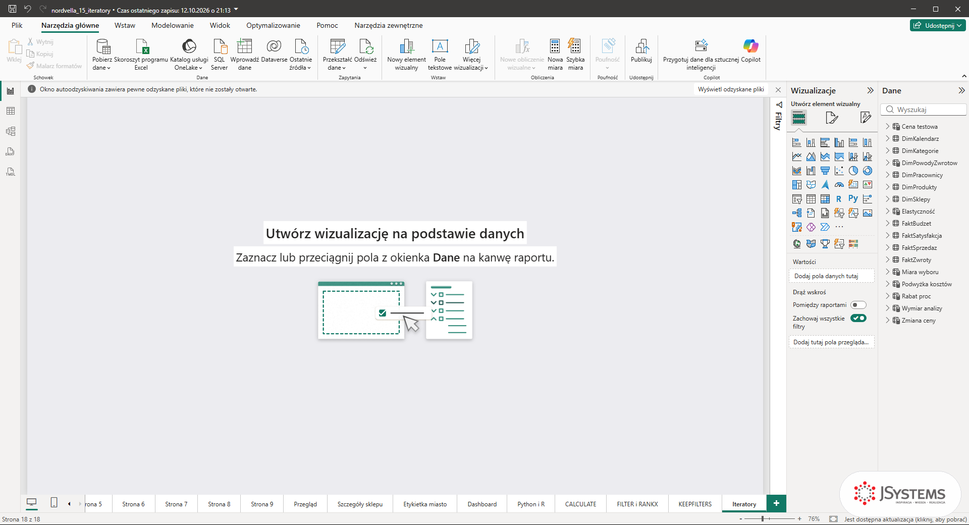 Pusta strona Iteratory w Power BI Desktop, nowa zakładka na końcu paska stron raportu Nordvelli
