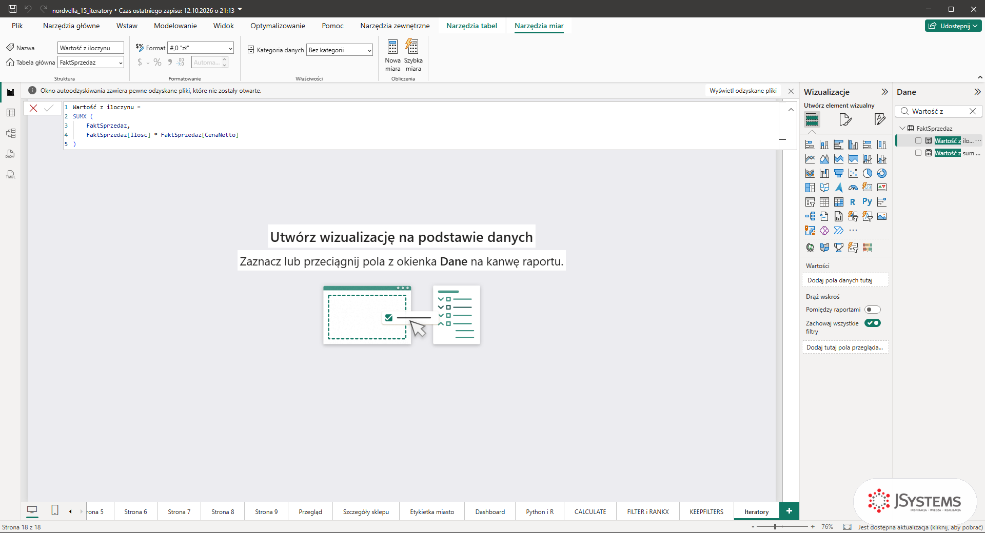 Pasek formuł Power BI z miarą Wartość z iloczynu liczoną przez SUMX i formatem #,0 zł