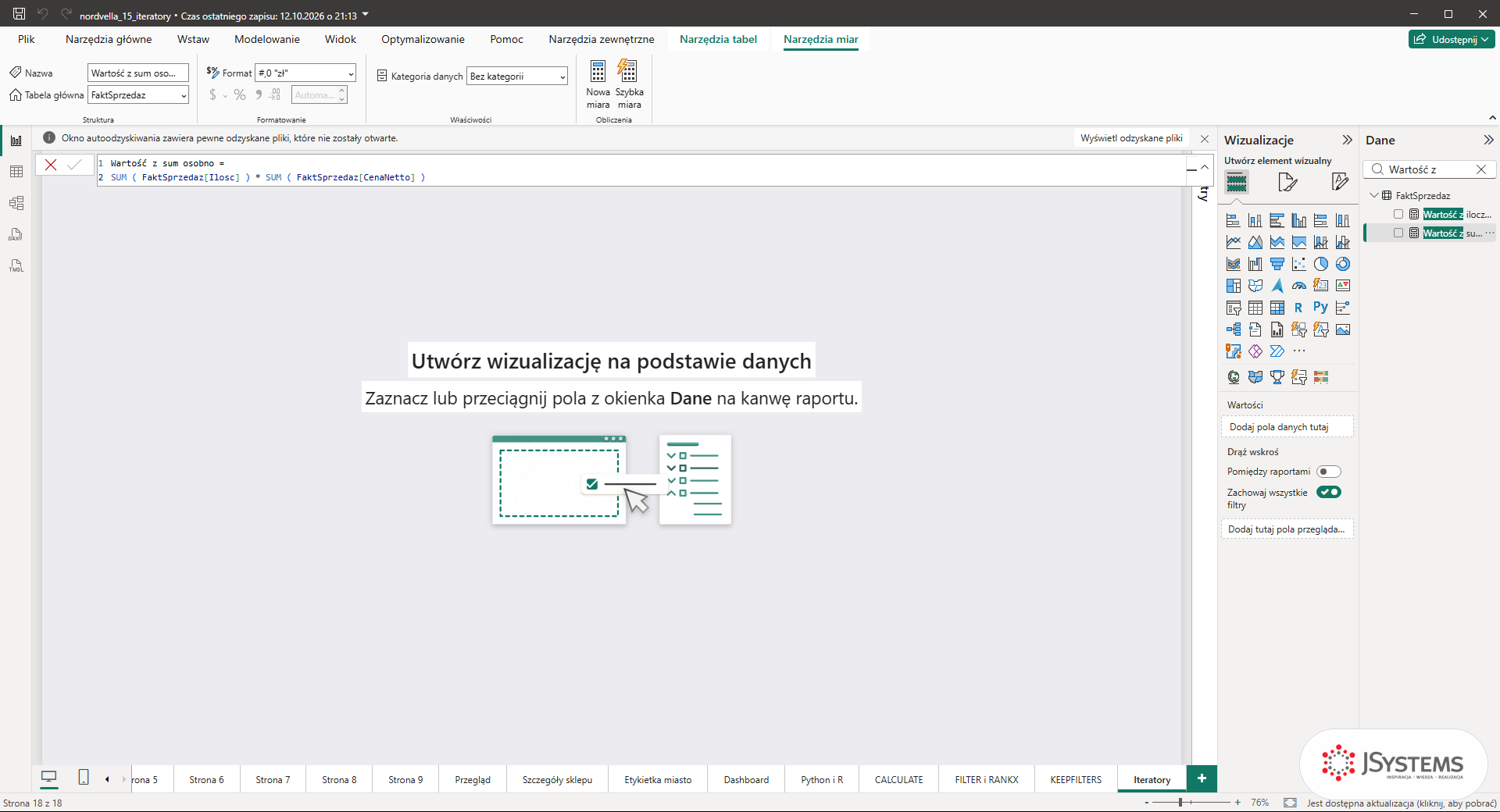 Pasek formuł Power BI z błędną miarą Wartość z sum osobno, iloczynem dwóch sum
