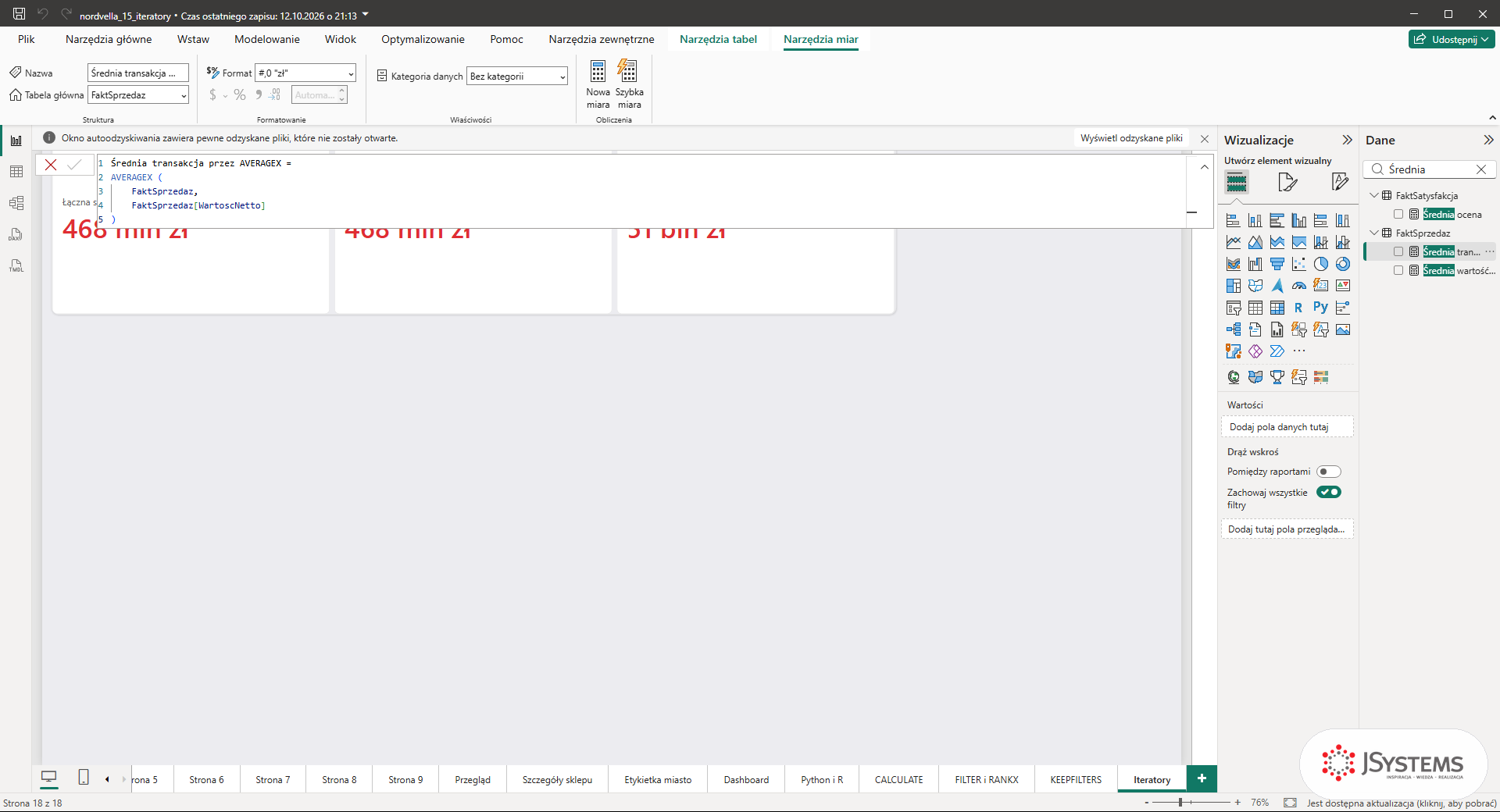 Pasek formuł Power BI z miarą Średnia transakcja przez AVERAGEX iterującą po FaktSprzedaz