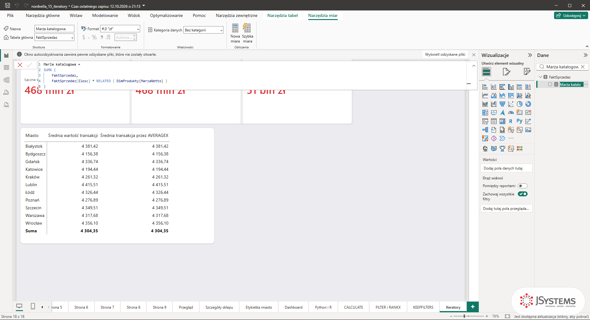Pasek formuł Power BI z miarą Marża katalogowa: SUMX po FaktSprzedaz z RELATED do DimProdukty[MarzaNetto]